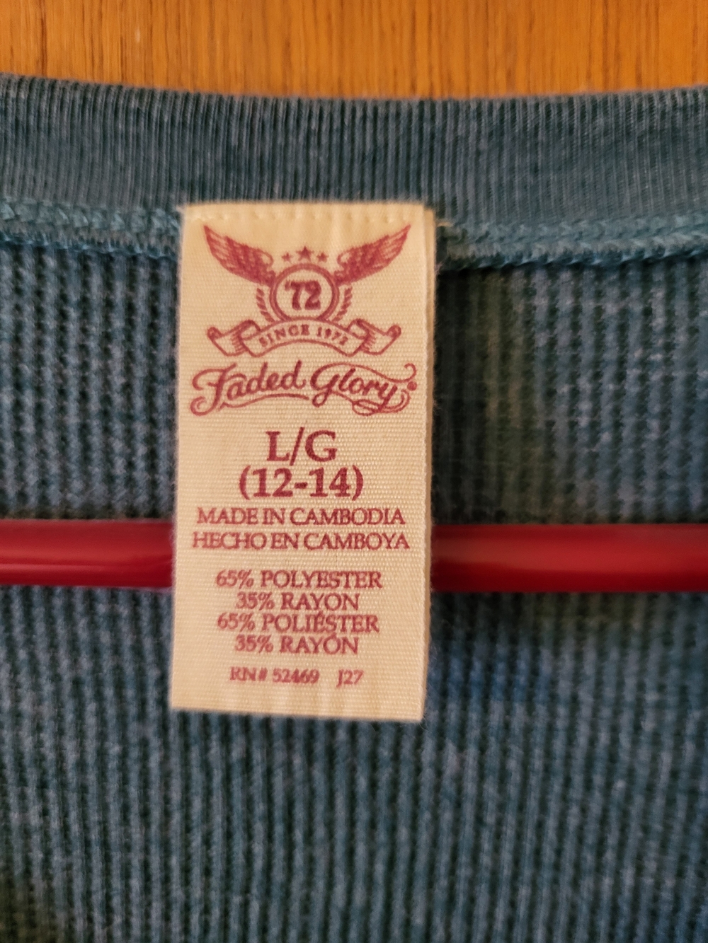 Faded Glory Ribbed Henley Top in Teal Blue - Picture 2 of 3